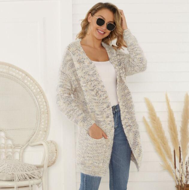 Women Autumn Long Sleeve Sweater Solid Color V-Neck Front Pocket Knitwear Loose Casual Female