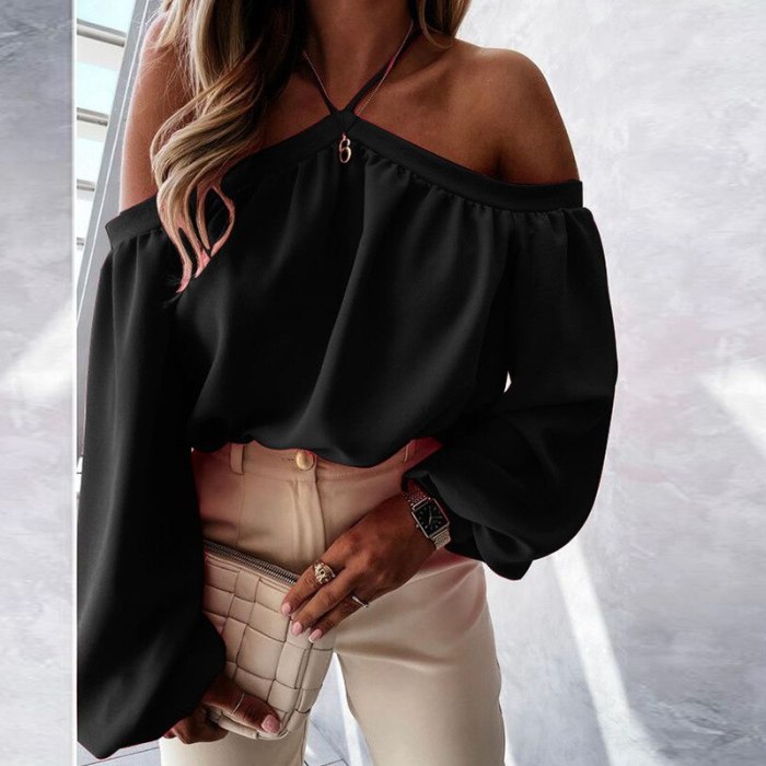 2021 Spring Summer Fahsion Solid Color Long-Sleeved Hanging Neck Ladies T-Shirt Stitching Top Women Off Shoulder Woman Tshirts