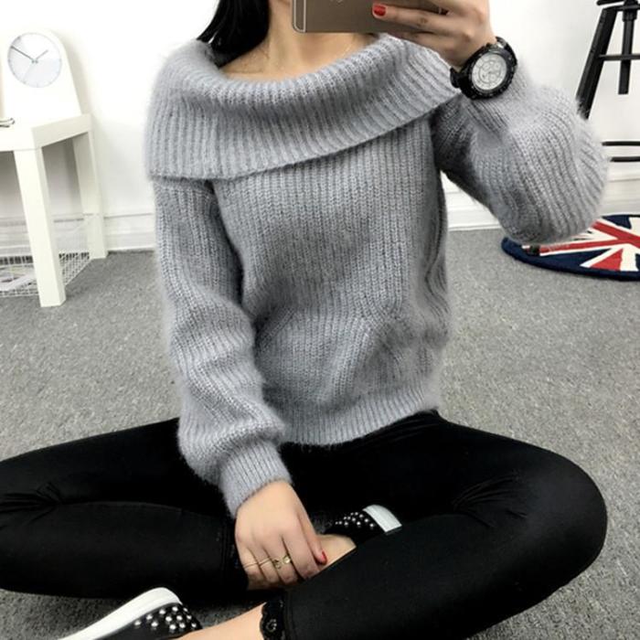 Label Neck Off Shoulder Long Sleeves Pure Color Sweater