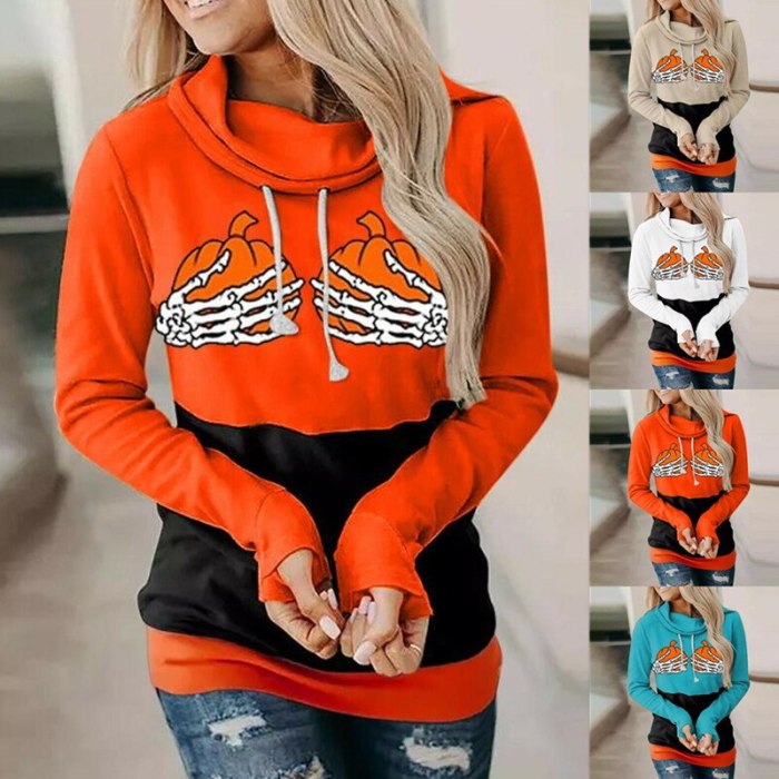Halloween Women's Clothing Fashion Autumn New Coat Skeleton Hand Pumpkin Print High Neck Tie Casual Long-sleeved Top