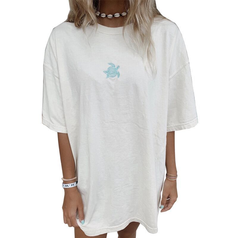 White orange cotton women's top 2021 turtle embroidery short sleeve round neck loose size good quality women's T-shirt