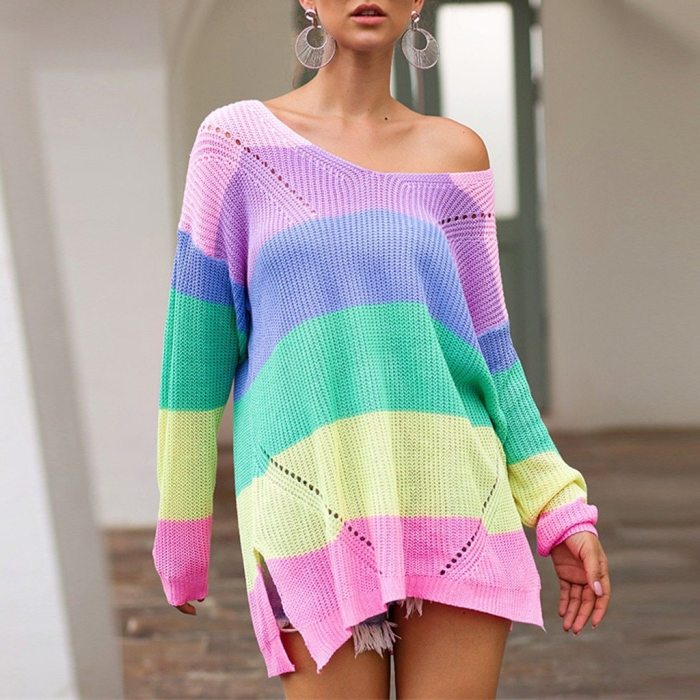 Women Tops Blouses women Plus Size Womens Long Sleeve Rainbow Stripe Casual Blouse Knit Shirts Top 2020 Streetwear