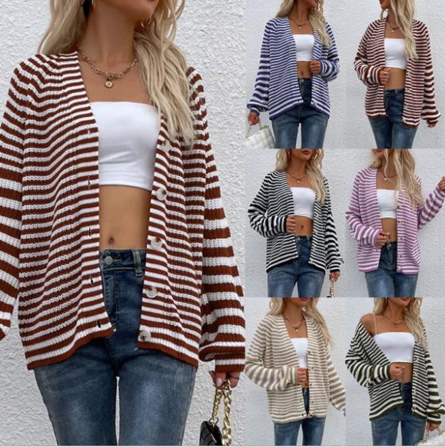 Long Sleeve Cardigan Women Knitted Sweater Autumn Winter V-Neck Warm Ladies Button Tops Fashion Casual Patchwork Pullover 2021