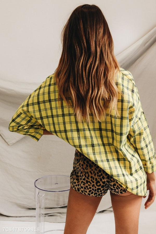Turn Down Collar Single Breasted Gingham Blouses
