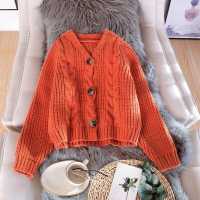 2021 Autumn Winter College Style Ladies Cardigan Single Button Long Sleeve V neck Loose Thick Knit Cardigans Solid Female Tops