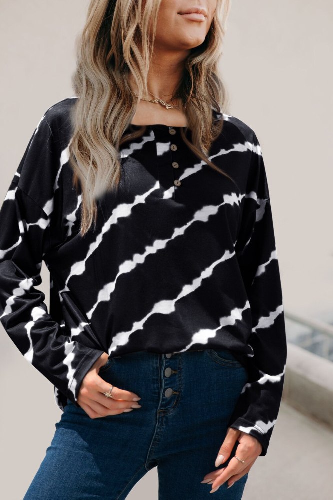 Casual Loose Round Neck Long-Sleeved Pullover Tshirts Women 2021 Autumn And Winter Tie-Dye Striped Button Tee Top Femme Blusas