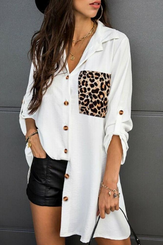 Casual Leopard Pocket Long Shirts Women Tops Autumn Fashion Long Sleeve Turn down Collar Loose Shirts Office Lady Buttons Tops