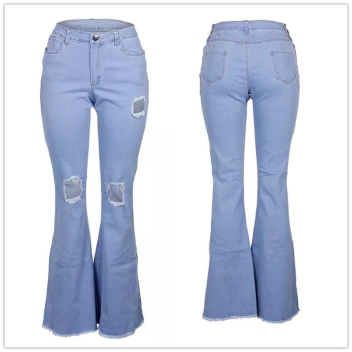 2020 Casual Distressed Flair Jeans Women Autumn Slim High Waist Stretch Holes Denim Wide Leg Pants Trousers Streetwear Jeans