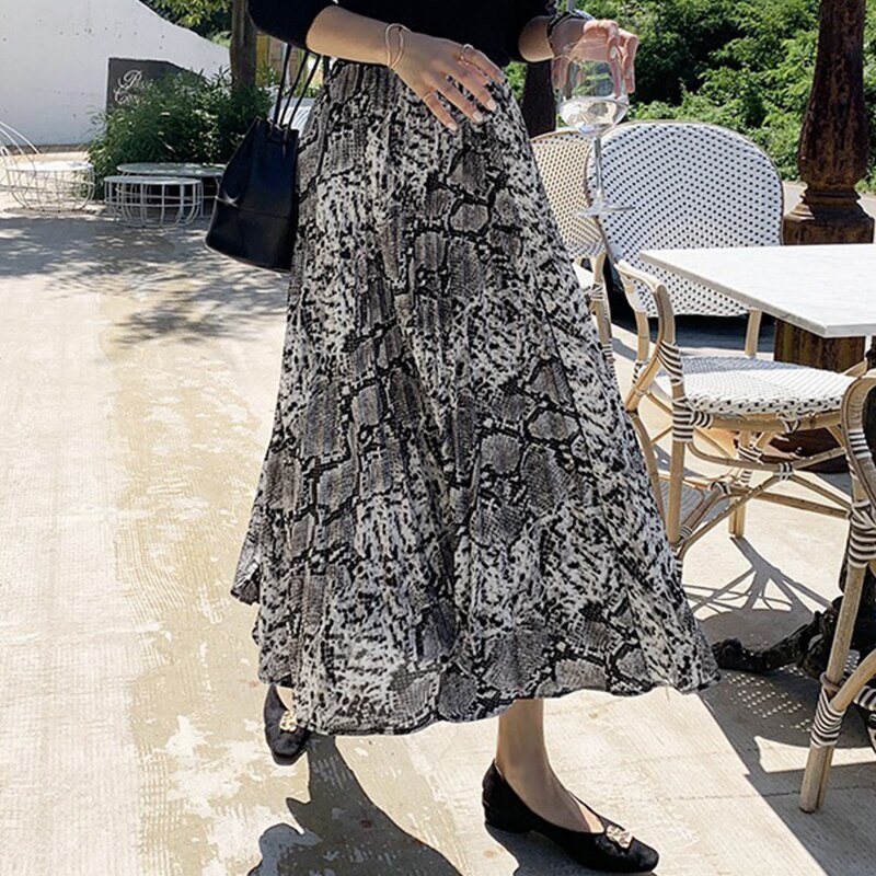 Long Pleated Skirt Women With Leopard Snake Print For Autumn Winter 2020 Ladies Korean High Waist Maxi Skirt Female