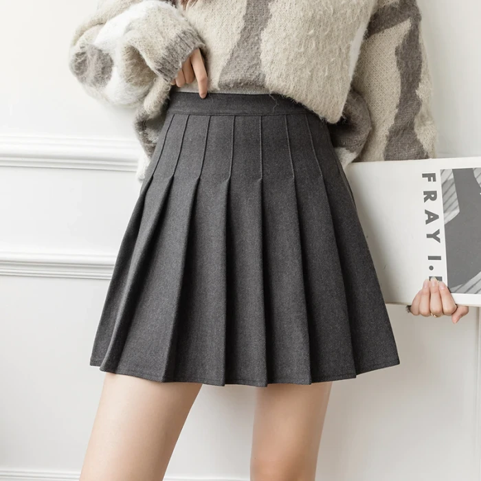 New Winter Woolen Skirt Women Solid High Waist Pleated Mini Skirts Vintage School A Line Falda Plisada Beige Grey Black Brown