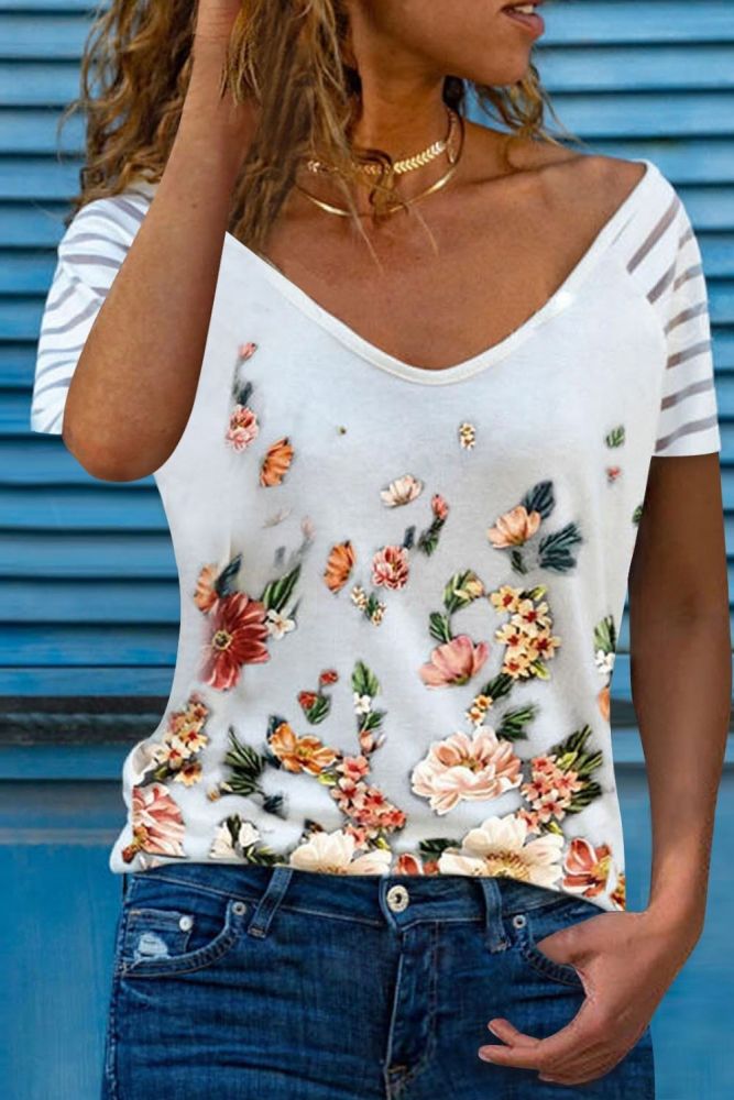 Summer Fashion Women's Casual Short-sleeved V-neck Loose T-shirt Tops Butterfly Print Korean Simple Oversized T-shirt S-5XL
