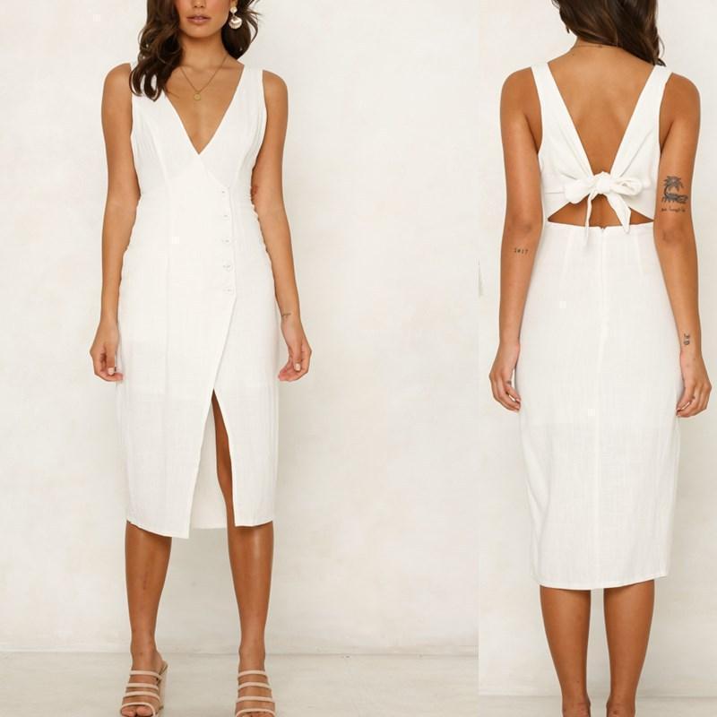 Elegant V Collar Plain Backless Knotted Slim Slit Bodycon Dress