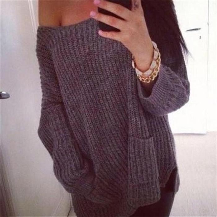 Fashion Casual Chunky Knit Loose One Shoulder Pockets Sweater