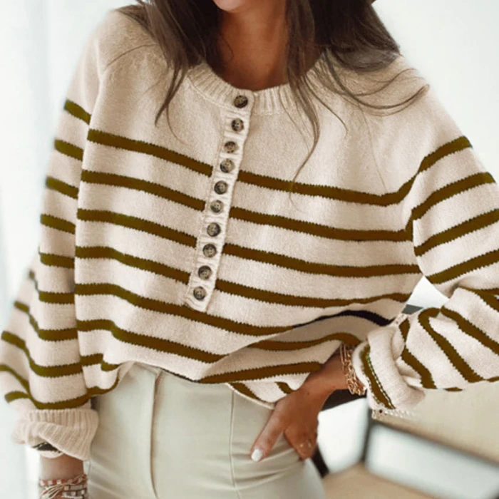 Autumn Winter Women Casual Long Sleeve Striped Patchwork Jumpers Ladies Loose Knitted Sweaters Fashion Zip V-Neck Tops Pullover