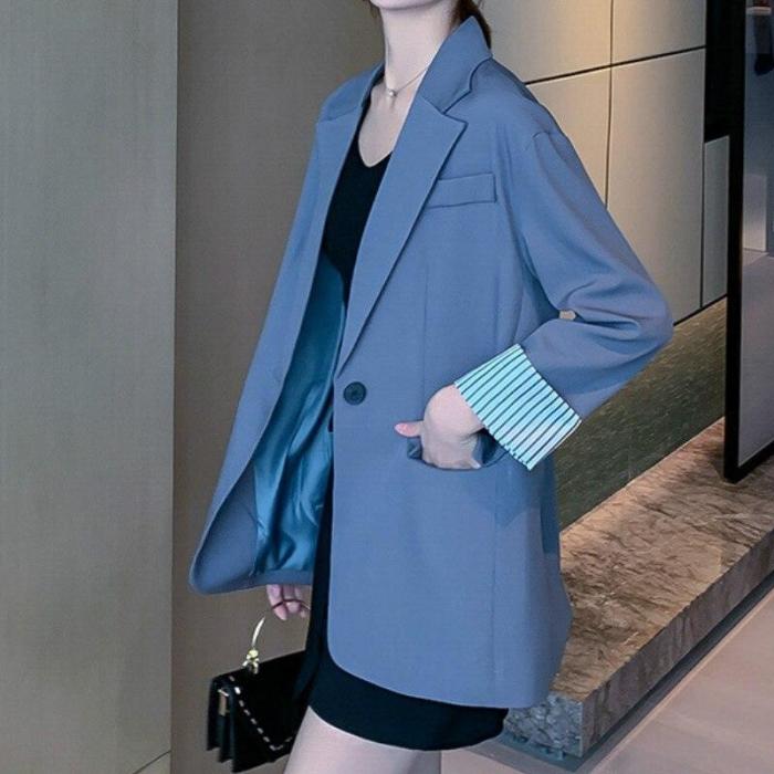 2020 New Grey Black Red Pink Blazer Women Solid Color Thin Pocket Spring Autumn Jackets Office Casual Loose Korean Blazer Female
