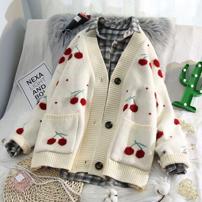 Fruit Cherry Embroidery Knitted Cardigan V Neck Oversize Sweater