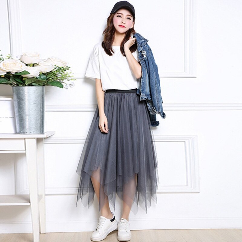 Womens Tulle Fashion Elastic High Waist Mesh Skirt Tutu Pleated Long Midi Women's Skirt