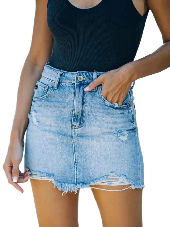 Ripped Tassel Trend Hem 2021 Summer Simplicity Casual Skorts Women Temperament Women's Denim Bag Hip Skirt Wash Water Skirt