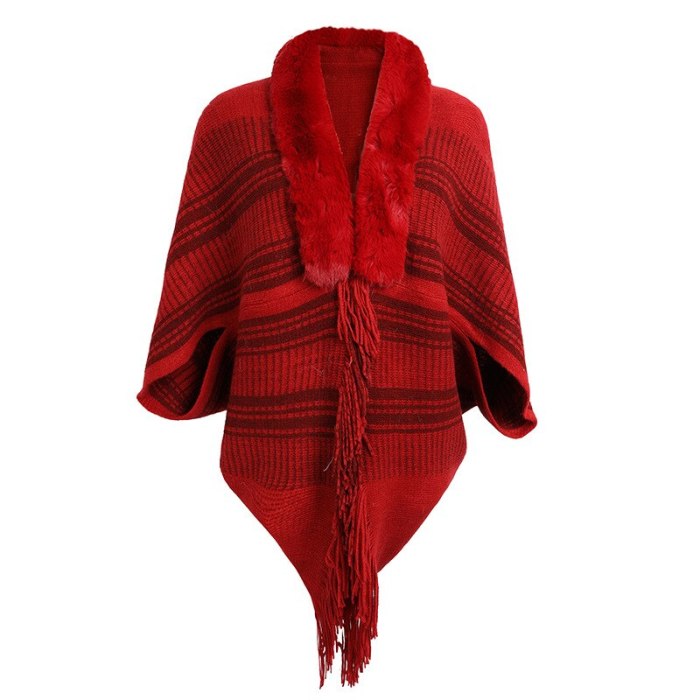 Women's Cape & Cloak Knit Striped Coat Cardigan 2021 Autumn and Winter Fur Collar Fringed Coat Casual Office Street Top