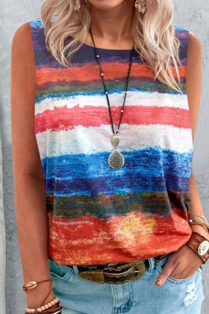 S-5XL Summer Casual Rainbow Gradient Sleeveless T-shirt Loose Pullovers Women Elegant Round Neck Vintage Stripe Print Streetwear