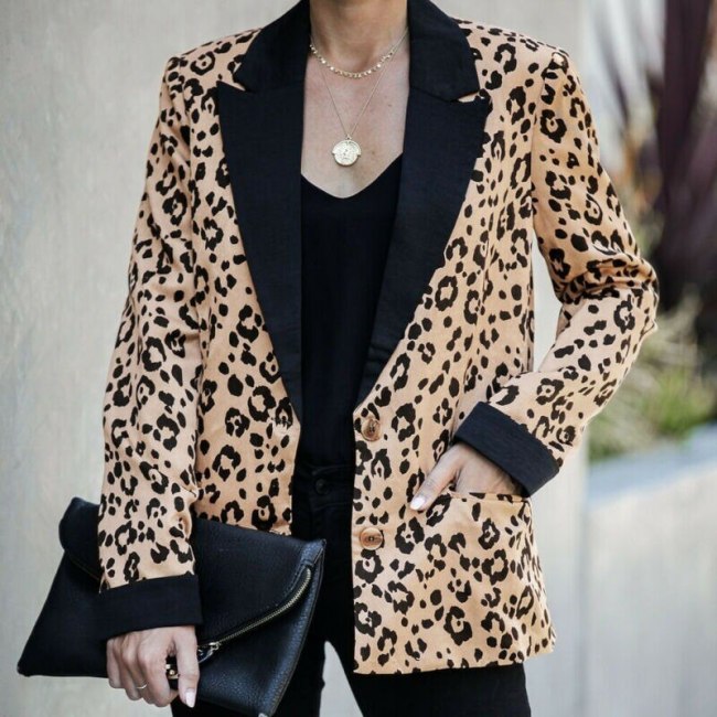 Leopard V-Neck Casual Office Blazer Women Single Breasted Fashion Blazer Suit Spring Autumn Jacket All-Match Simple Slim Outwear