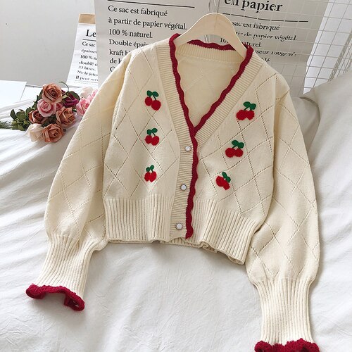 Embroidered Cardigans Puff Sleeve Cherry Sweaters