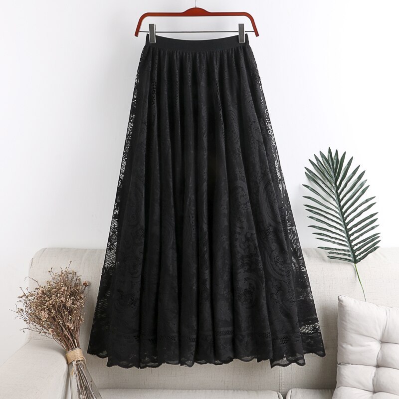 Flavor Small Fresh Skirt High Waist Thin Mid-Length Skirt 2020 Summer Hollow Crochet Lace Female Skirt
