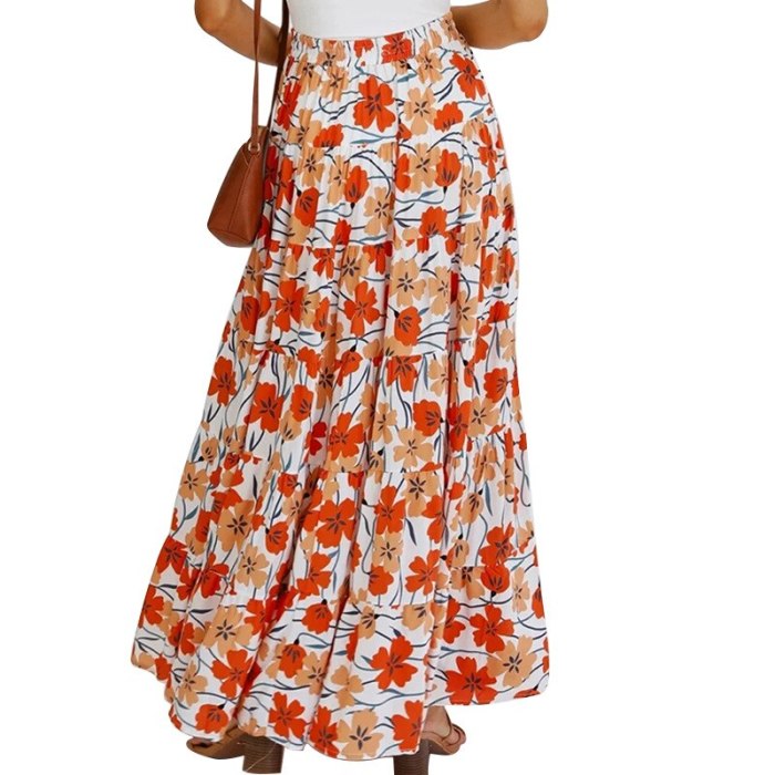Women Skirt Elastic Waisted Printed Skirt Loose Long Pleated Skirts High Waist Flower Maxi Skirts Spring Summer 2021 New