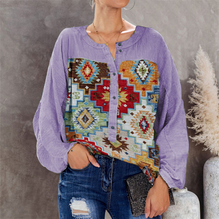 Cotton Linen vintage Loose Shirts for Women V-neck floral print Bronzing Female Shirts Tops 2021 autumn Blouses chemise femme