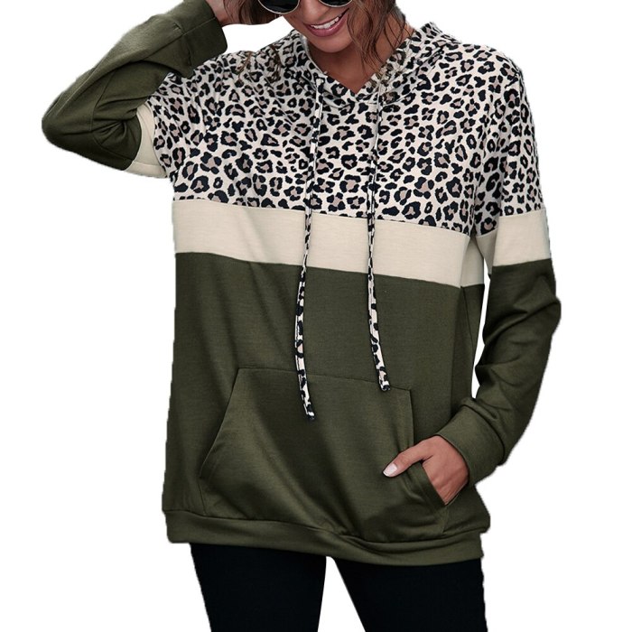 Womens Causal Sweatshirt Leopard Print Patchwork Pullover Female Loose Jumper Pocket Tops Ladies Fashion Hoodie