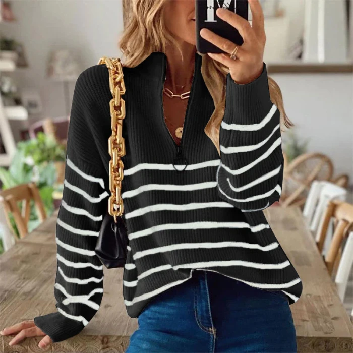 Autumn Winter Women Casual Long Sleeve Striped Patchwork Jumpers Ladies Loose Knitted Sweaters Fashion Zip V-Neck Tops Pullover