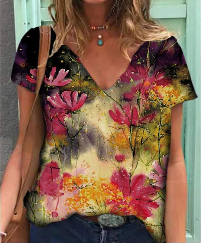 Summer Print Tshirt Women Plus Size Loose Batwing Sleeve V-Neck Casual T Shirt for Women