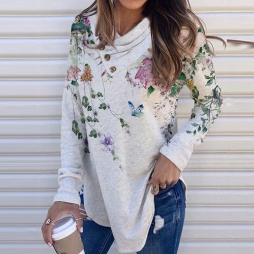 Women Fashion O-Neck Button Blusa Streetwear Vintage Floral Print Blouse Shirts Autumn Lady New Casual Long Sleeve Pullover Tops