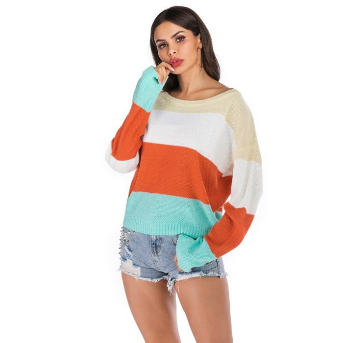 2021 Spring And Autumn Newest Women's Sweater Fashion Trend Loose Knitting Contrast Bat Long-Sleeved Autumn Sweater
