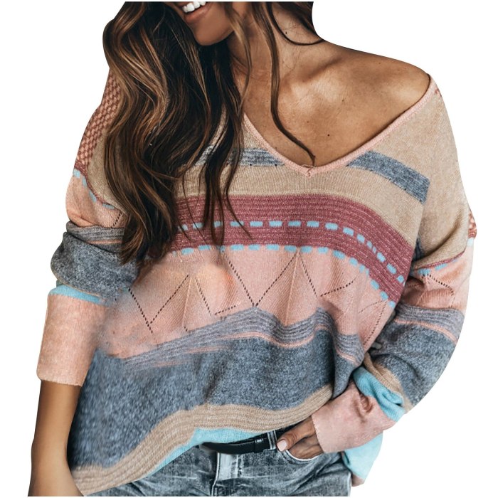 Casual Knitted Sweater Women V Neck Long Sleeve Pullovers