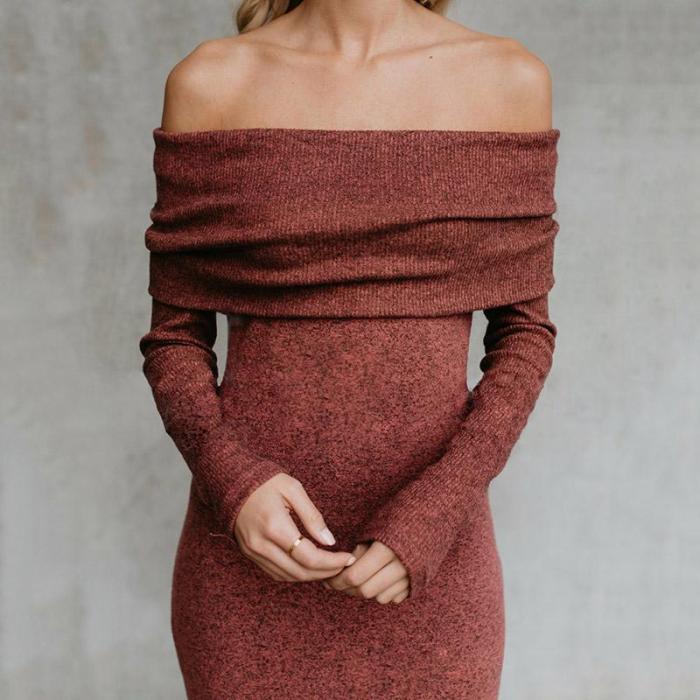 Cold Shoulder Back Slit Solid Color Sweater Dress