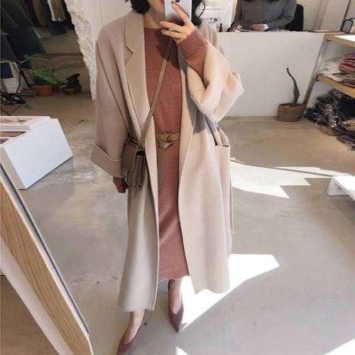 New Winter Thicken Warm Wollen x-Long Coat Women Fashion Loose Solid Color Belt Closed Pockets Woman Coats L028