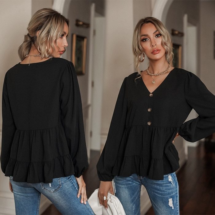 2021 Spring And Autumn New Ruffle Black Age Reducing Top Women's Small Long Sleeve Top V-neck Design Baby Shirt