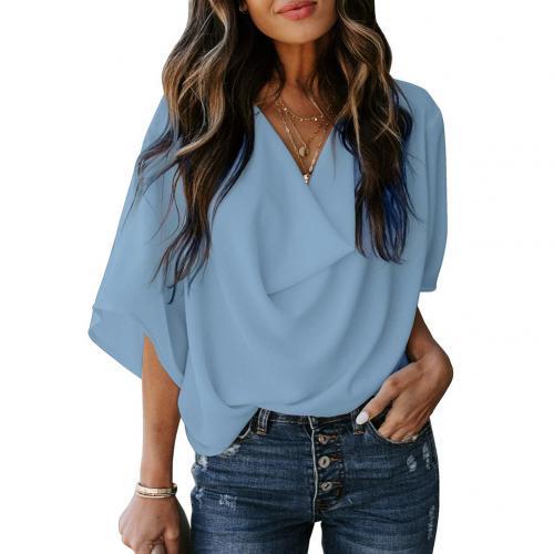 Women Blouses Fashion Solid Color Half Sleeve V Neck Draped Front Shirt Blouse блузка женская ropa de mujer 2021