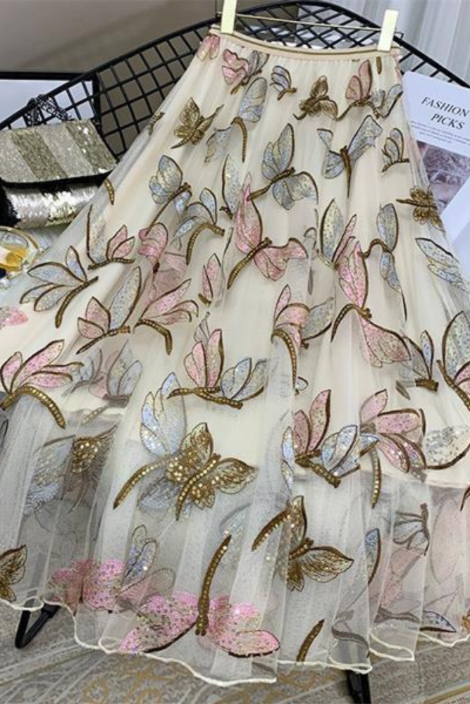 New embroidered dragonfly sequin fabric mesh children's dress show dress curtain lace cloth clothing X0618