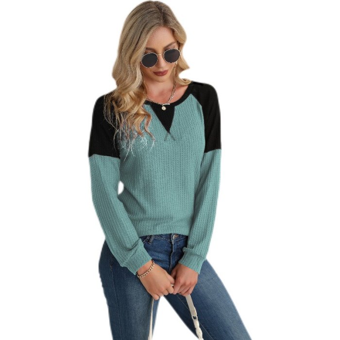 2021 Spring and Autumn Knitted Pullover Top Round Neck Stitching Long-sleeved Sweater England Style Women's Fashion Clothing