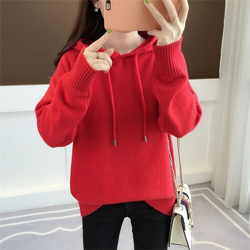 Women Knitted Hoodies Sweatshirt 2021 Autumn Winter Korean Long Sleeve Sweatshirt Female Pink Red Blue