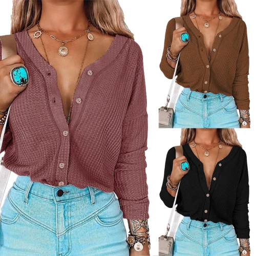 Women's Off Shoulder Tops Long Sleeve Button Down Tie Knot Front Waffle Knit Shirts