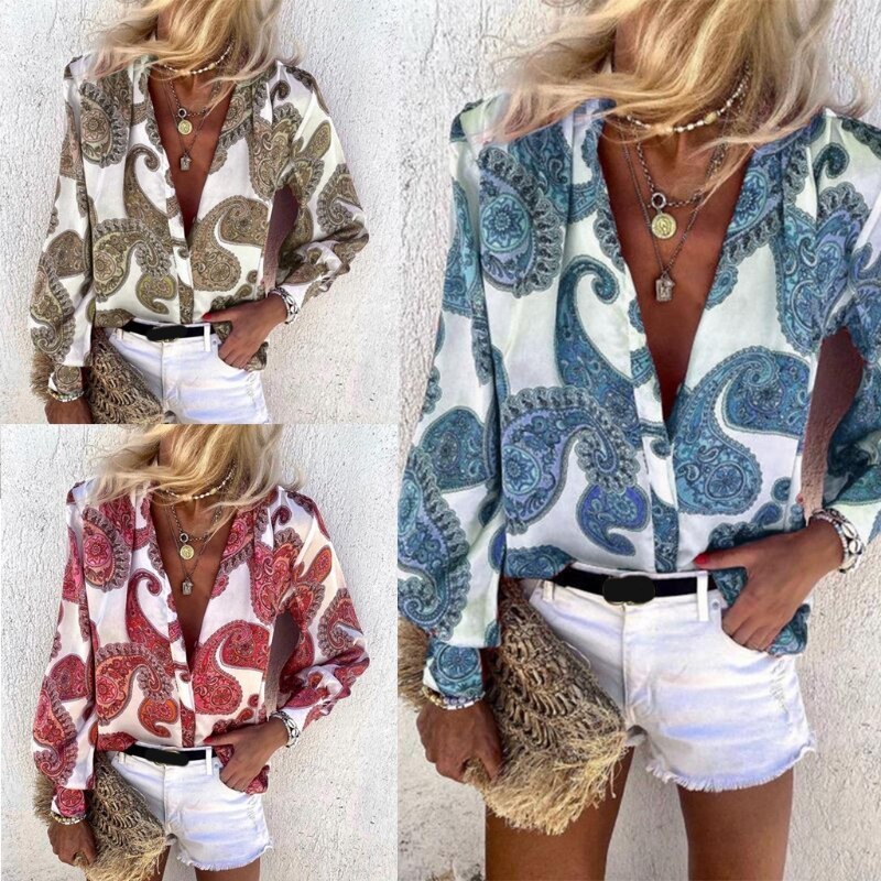 Women Long Sleeves Buttons Down Blouses Elegant Printing V Neck Tops Shirt Spring Summer Casual Loose Tunic