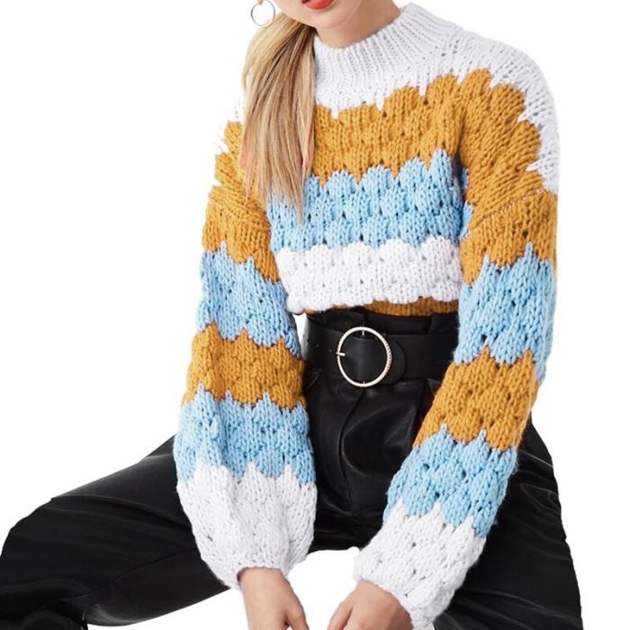 New Autumn Winter Wave Stripe Knitted Feather Hollow O-Neck Long-Sleeved High Neck Fashion Sweater Women Casual Knitted Sweaters