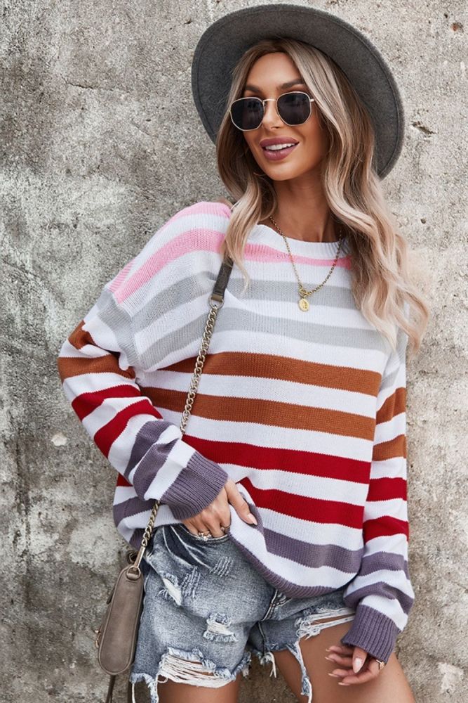 2021 Trend Striped Knitting Shirt Rainbow Sweater Mujer Long Sleeve Knitted Top Pullover Tricot Blouse Loose Waist Pulsweetheart