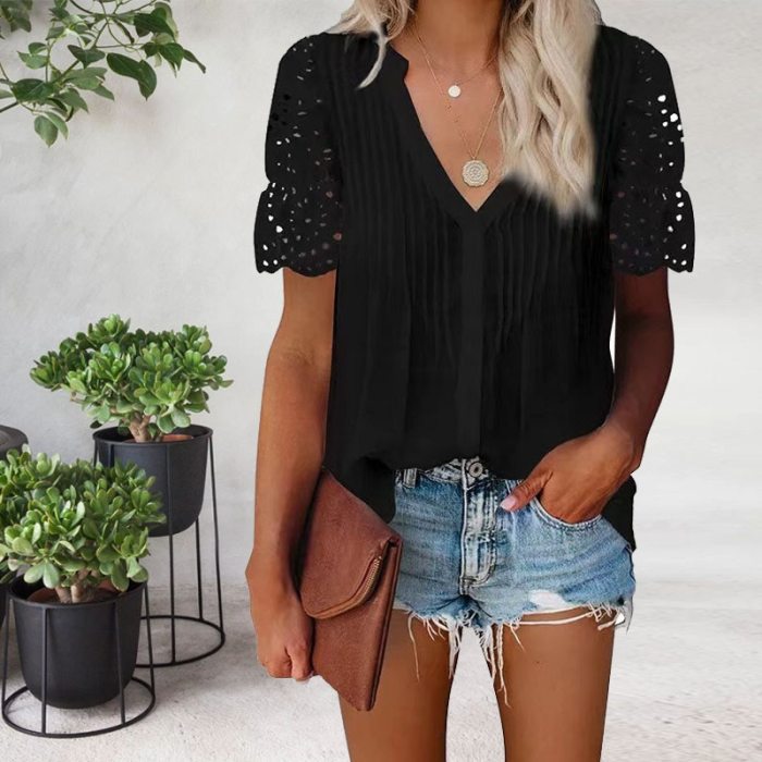 Summer Solid Color V-neck Pleated Lace Stitching Short-sleeved Shirt Casual Elegant Chiffon Shirt 6 Colors Plus Size S-5XL