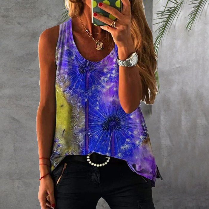 Summer Loose Round Neck Printing Tie-dye Colorful Sleeveless T-shirt Leisure Vacation Style Personality Cool Dyeing Women's Tops