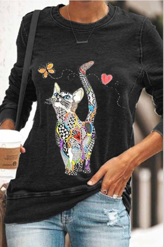 Cat Print Blouse Shirt Women Casual Long-Sleeved Pullover Tops