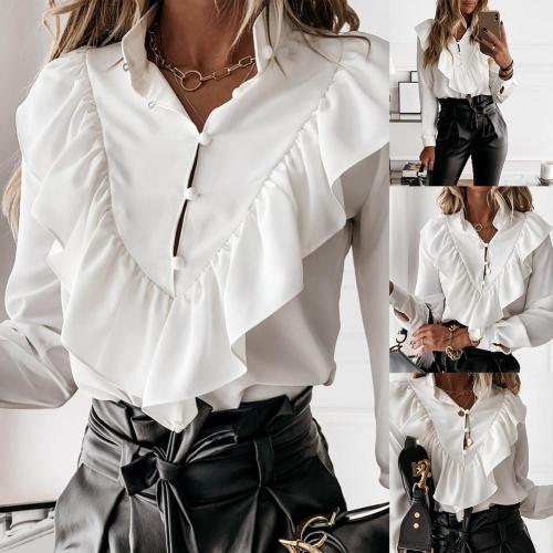 Women Elegant V Neck Ruffle Dot Print Long Sleeve Blouse Office Pullover Shirt